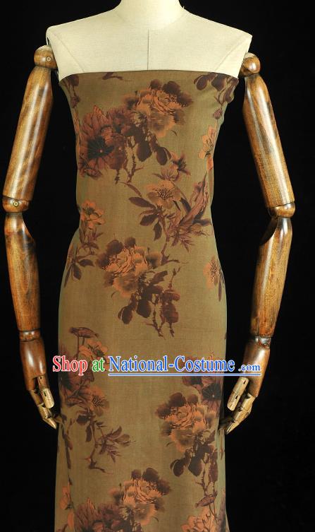 Chinese Classical Flowers Pattern Silk Drapery Traditional Cheongsam Olive Green Silk Fabric Gambiered Guangdong Gauze