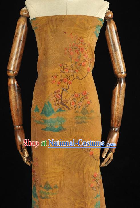 Chinese Classical Peach Flowers Pattern Silk Drapery Traditional Cheongsam Silk Fabric Yellow Gambiered Guangdong Gauze