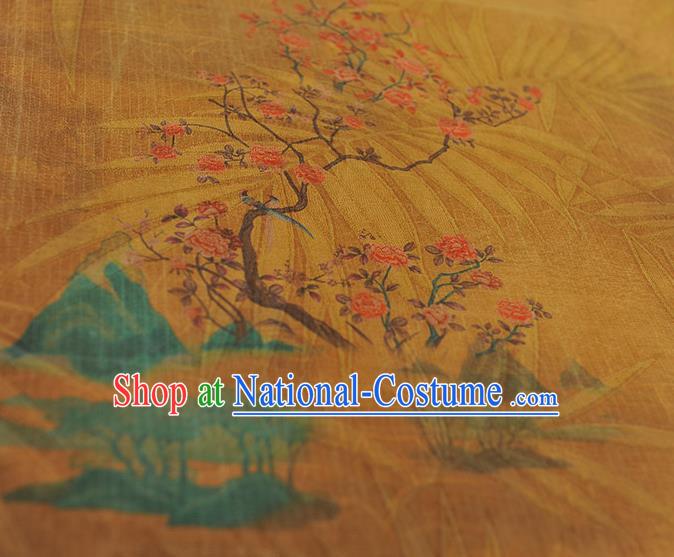 Chinese Classical Peach Flowers Pattern Silk Drapery Traditional Cheongsam Silk Fabric Yellow Gambiered Guangdong Gauze