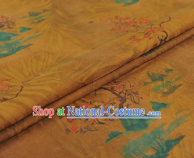 Chinese Classical Peach Flowers Pattern Silk Drapery Traditional Cheongsam Silk Fabric Yellow Gambiered Guangdong Gauze