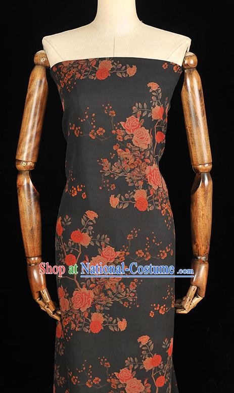 Chinese Classical Roses Pattern Gambiered Guangdong Gauze Cheongsam Silk Fabric Traditional Black Silk Drapery