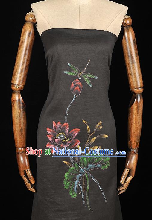 China Traditional Cheongsam Cloth Black Jacquard Satin Classical Printing Lotus Dragonfly Pattern Silk Fabric