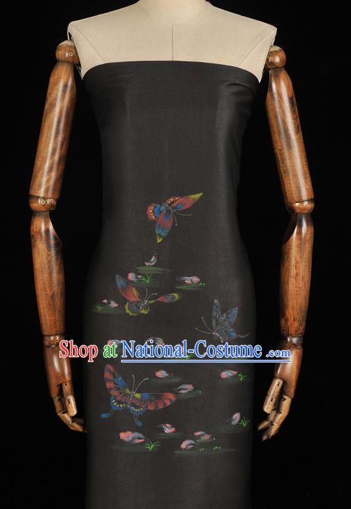 China Black Jacquard Satin Traditional Cheongsam Cloth Classical Printing Butterfly Pattern Silk Fabric