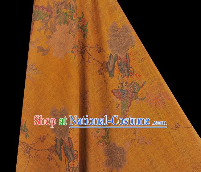 Chinese Traditional Yellow Silk Drapery Classical Peony Butterfly Pattern Gambiered Guangdong Gauze Cheongsam Cloth Fabric