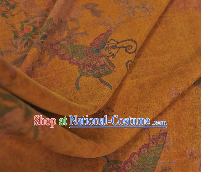 Chinese Traditional Yellow Silk Drapery Classical Peony Butterfly Pattern Gambiered Guangdong Gauze Cheongsam Cloth Fabric