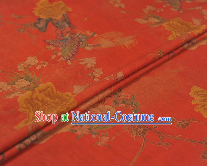 Chinese Traditional Red Silk Drapery Cheongsam Cloth Fabric Classical Peony Butterfly Pattern Gambiered Guangdong Gauze