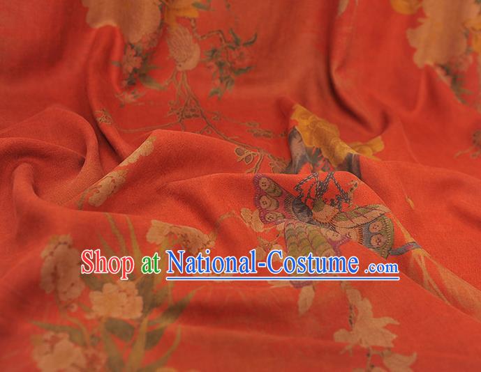 Chinese Traditional Red Silk Drapery Cheongsam Cloth Fabric Classical Peony Butterfly Pattern Gambiered Guangdong Gauze