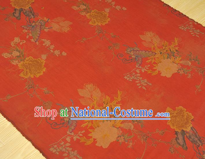 Chinese Traditional Red Silk Drapery Cheongsam Cloth Fabric Classical Peony Butterfly Pattern Gambiered Guangdong Gauze