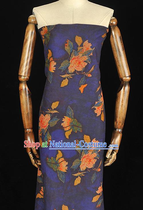 Chinese Cheongsam Blue Cloth Fabric Traditional Classical Peony Pattern Gambiered Guangdong Gauze Silk Drapery