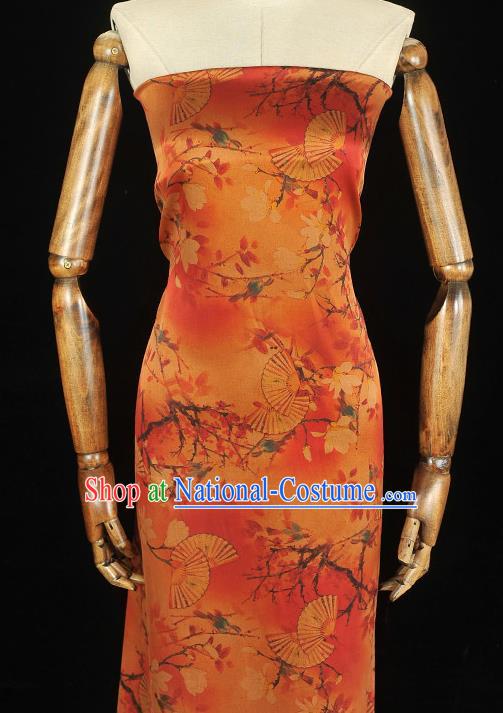 Chinese Cheongsam Orange Cloth Fabric Traditional Classical Mangnolia Fan Pattern Gambiered Guangdong Gauze Silk Drapery