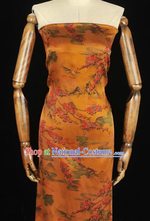 Chinese Traditional Classical Plum Pattern Orange Satin Silk Drapery Cheongsam Green Cloth Fabric Gambiered Guangdong Gauze