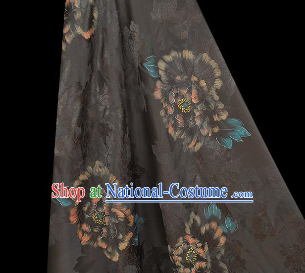 Chinese Black Gambiered Guangdong Gauze Traditional Silk Drapery Cheongsam Cloth Fabric Classical Peony Pattern Satin