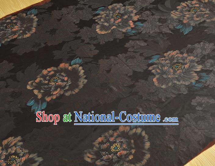 Chinese Black Gambiered Guangdong Gauze Traditional Silk Drapery Cheongsam Cloth Fabric Classical Peony Pattern Satin