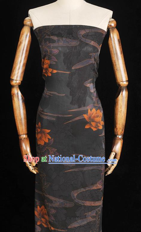 Chinese Traditional Cheongsam Cloth Silk Fabric Classical Lotus Pattern Black Jacquard Satin Gambiered Guangdong Gauze