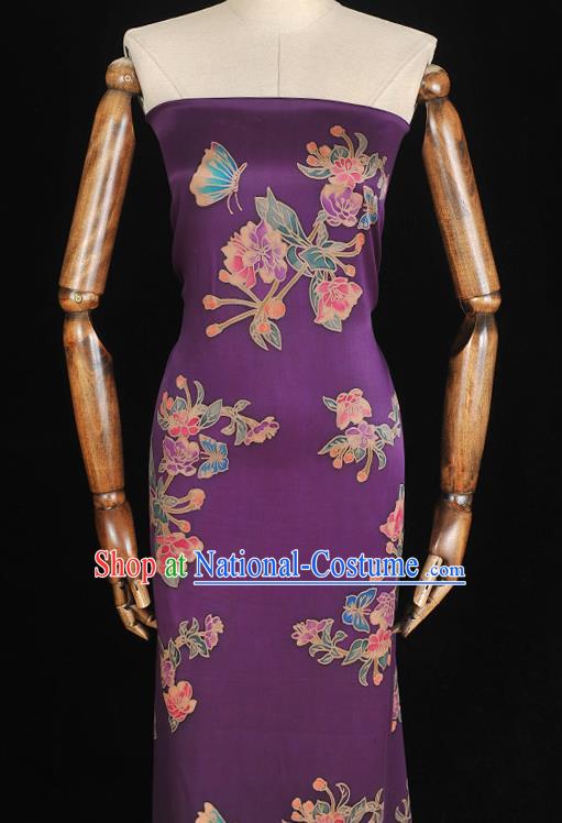 Chinese Classical Butterfly Flowers Pattern Jacquard Satin Traditional Cheongsam Cloth Silk Fabric Purple Gambiered Guangdong Gauze