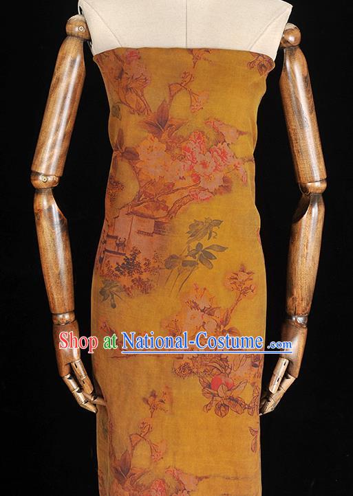 Chinese Yellow Silk Fabric Traditional Cheongsam Cloth Classical Peach Blossom Pattern Gambiered Guangdong Gauze