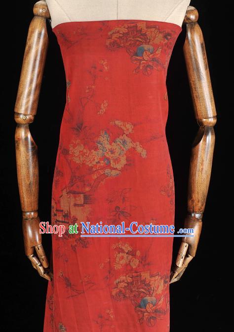 Chinese Traditional Cheongsam Cloth Classical Peach Blossom Pattern Gambiered Guangdong Gauze Red Silk Fabric