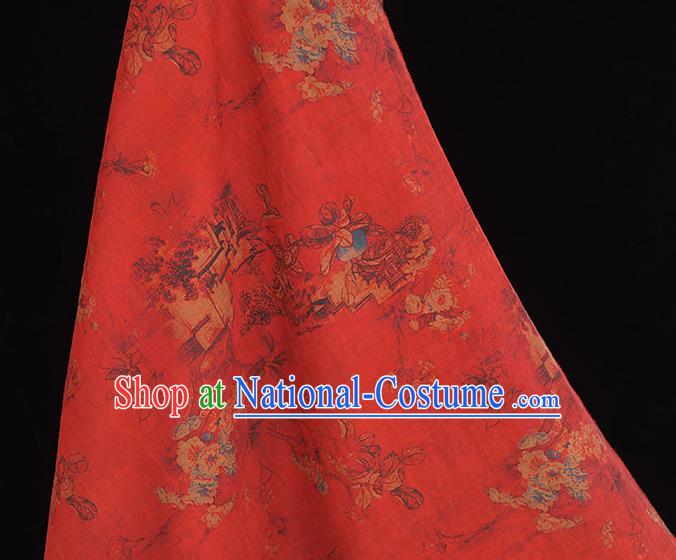 Chinese Traditional Cheongsam Cloth Classical Peach Blossom Pattern Gambiered Guangdong Gauze Red Silk Fabric