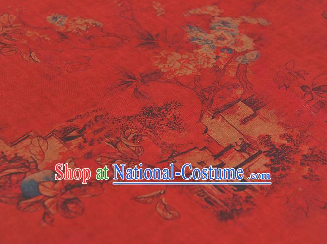 Chinese Traditional Cheongsam Cloth Classical Peach Blossom Pattern Gambiered Guangdong Gauze Red Silk Fabric