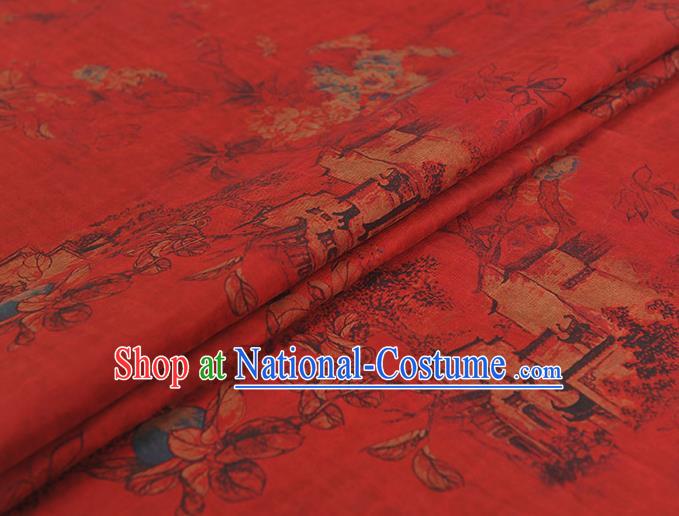 Chinese Traditional Cheongsam Cloth Classical Peach Blossom Pattern Gambiered Guangdong Gauze Red Silk Fabric