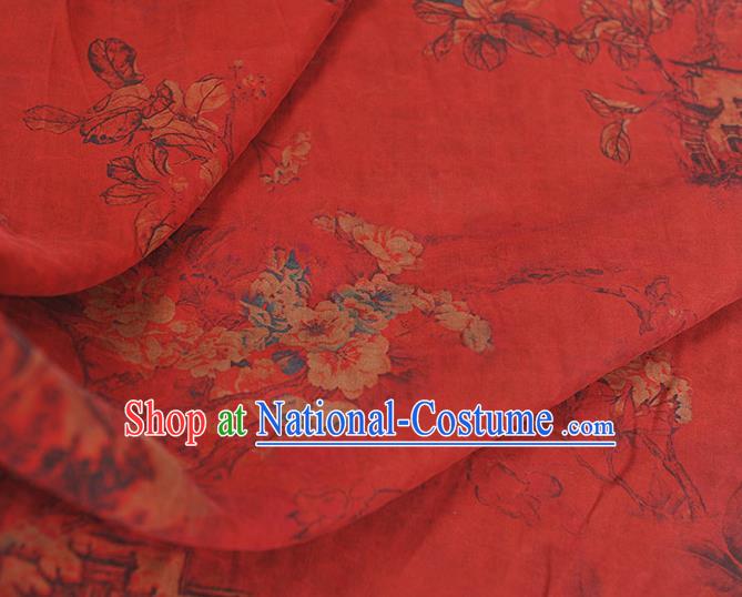 Chinese Traditional Cheongsam Cloth Classical Peach Blossom Pattern Gambiered Guangdong Gauze Red Silk Fabric