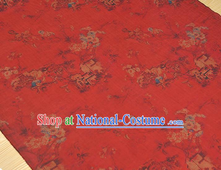 Chinese Traditional Cheongsam Cloth Classical Peach Blossom Pattern Gambiered Guangdong Gauze Red Silk Fabric