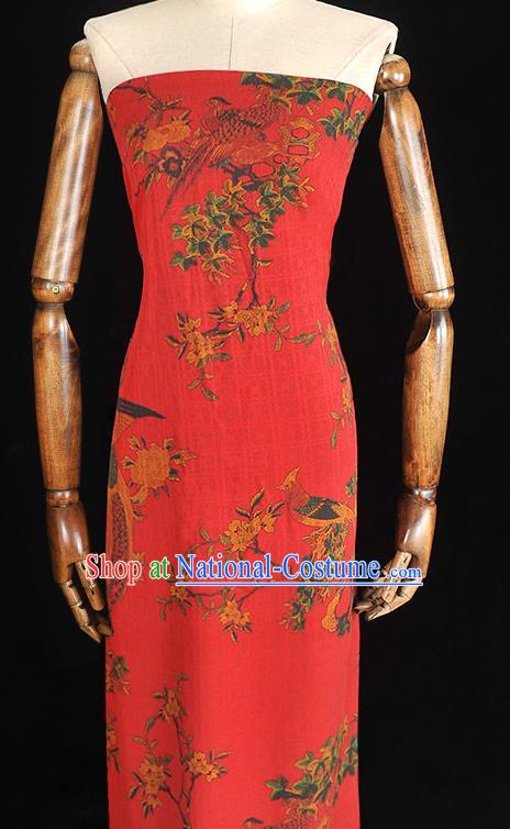 Chinese Classical Begonia Birds Pattern Red Silk Fabric Traditional Gambiered Guangdong Gauze Cheongsam Cloth