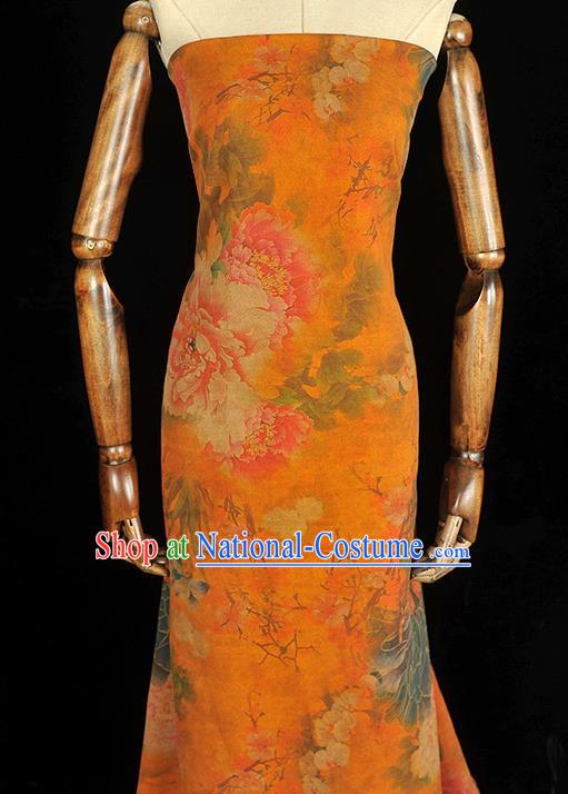 Chinese Classical Peony Pattern Gambiered Guangdong Gauze Traditional Cheongsam Orange Cloth Silk Fabric