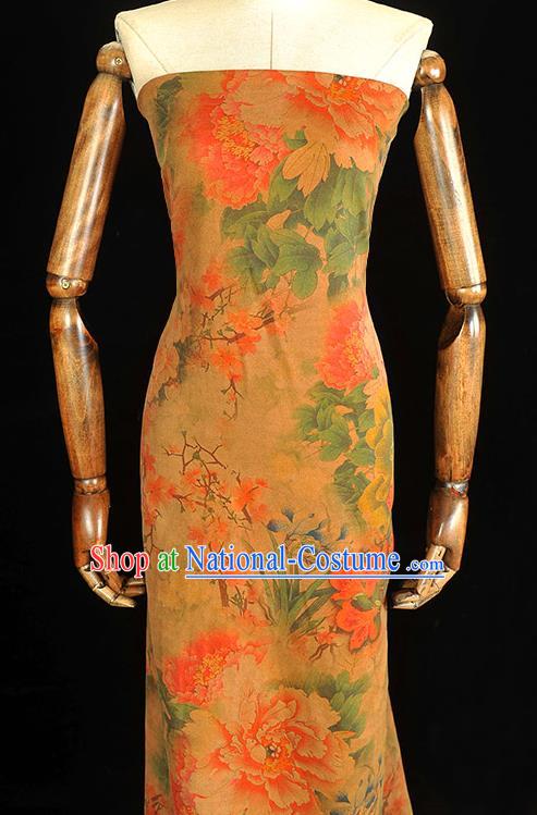 Chinese Silk Fabric Classical Peony Pattern Gambiered Guangdong Gauze Traditional Cheongsam Ginger Cloth