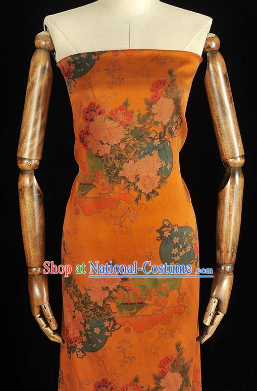 Chinese Orange Gambiered Guangdong Gauze Traditional Cheongsam Satin Cloth Classical Peony Plum Pattern Silk Fabric