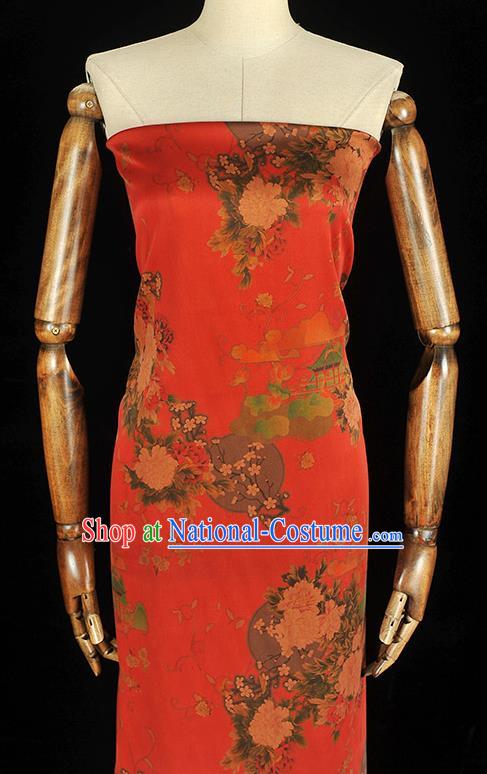 Chinese Traditional Cheongsam Satin Cloth Classical Peony Plum Pattern Silk Fabric Red Gambiered Guangdong Gauze