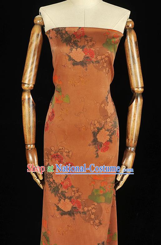 Chinese Gambiered Guangdong Gauze Traditional Cheongsam Light Brown Satin Cloth Classical Peony Plum Pattern Silk Fabric