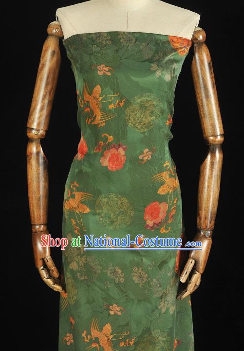 Chinese Classical Crane Peony Pattern Silk Gambiered Guangdong Gauze Fabric Traditional Cheongsam Green Satin Cloth