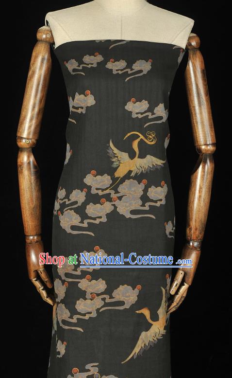 Chinese Black Cloth Traditional Cheongsam Gambiered Guangdong Gauze Classical Cloud Crane Pattern Silk Fabric