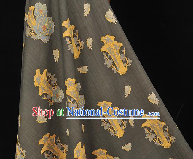 Chinese Traditional Cheongsam Gambiered Guangdong Gauze Classical Peony Pattern Silk Fabric Black Cloth