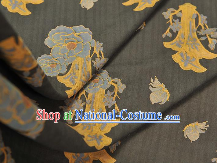 Chinese Traditional Cheongsam Gambiered Guangdong Gauze Classical Peony Pattern Silk Fabric Black Cloth