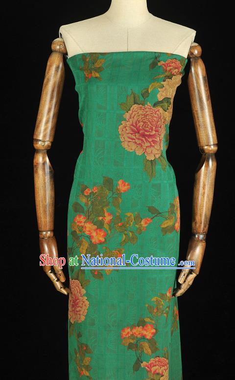 Chinese Traditional Green Silk Fabric Classical Peony Pattern Gambiered Guangdong Gauze Cheongsam Cloth