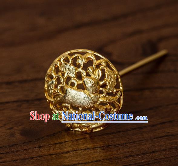 China Ancient Court Queen Hair Stick Hair Accessories Traditional Tang Dynasty Empress Gilding Rabbit Hairpin