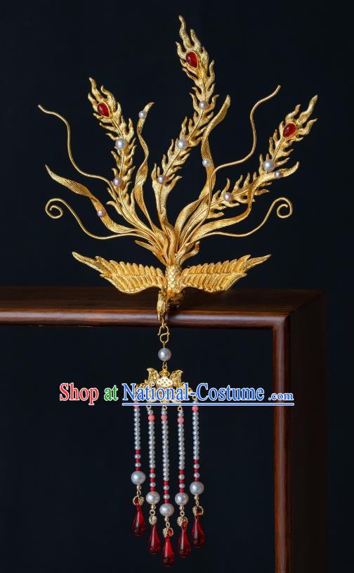 China Ancient Court Queen Phoenix Hair Crown Hair Accessories Traditional Ming Dynasty Empress Gilding Tassel Hairpin