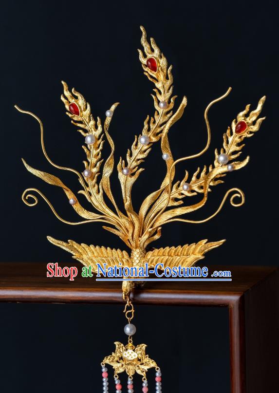 China Ancient Court Queen Phoenix Hair Crown Hair Accessories Traditional Ming Dynasty Empress Gilding Tassel Hairpin