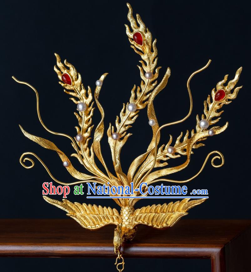 China Ancient Court Queen Phoenix Hair Crown Hair Accessories Traditional Ming Dynasty Empress Gilding Tassel Hairpin