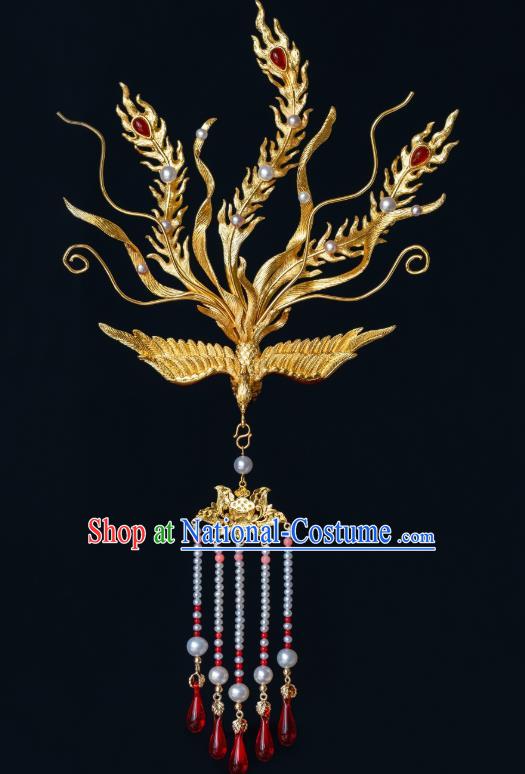 China Ancient Court Queen Phoenix Hair Crown Hair Accessories Traditional Ming Dynasty Empress Gilding Tassel Hairpin