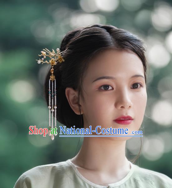 China Traditional Ming Dynasty Flower Bird Tassel Hairpin Ancient Court Lady Gilding Hair Stick Hair Accessories