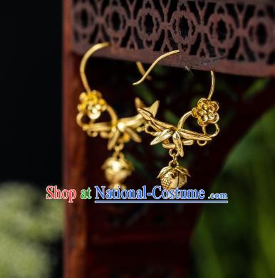 China Ming Dynasty Gilding Pomegranate Bamboo Earrings Traditional Palace Ear Jewelry