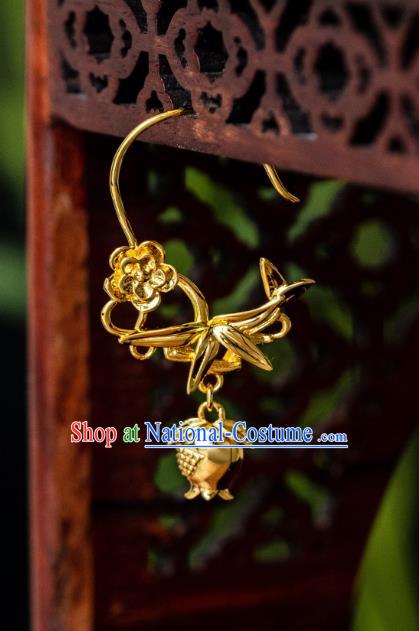 China Ming Dynasty Gilding Pomegranate Bamboo Earrings Traditional Palace Ear Jewelry