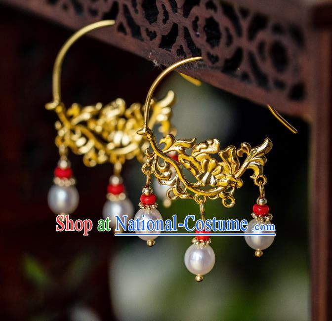 China Ming Dynasty Pearls Tassel Earrings Traditional Palace Gilding Peony Ear Jewelry