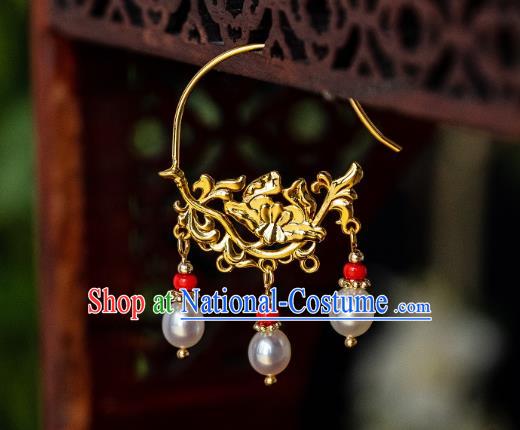 China Ming Dynasty Pearls Tassel Earrings Traditional Palace Gilding Peony Ear Jewelry