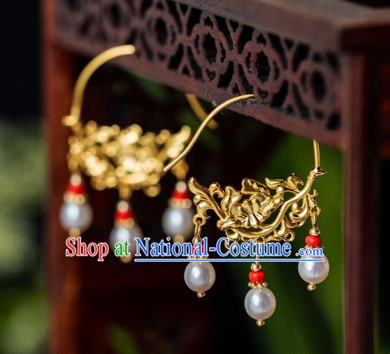 China Ming Dynasty Pearls Tassel Earrings Traditional Palace Gilding Peony Ear Jewelry