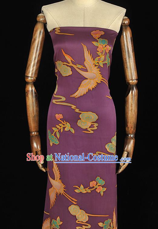 Chinese Traditional Gambiered Guangdong Gauze Classical Crane Flower Pattern Silk Fabric Cheongsam Purple Satin Cloth