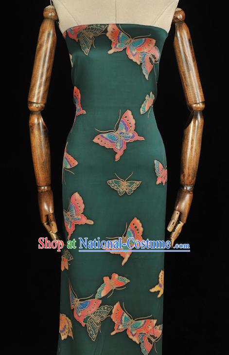 Chinese Traditional Deep Green Gambiered Guangdong Gauze Cheongsam Satin Cloth Classical Butterfly Pattern Silk Fabric